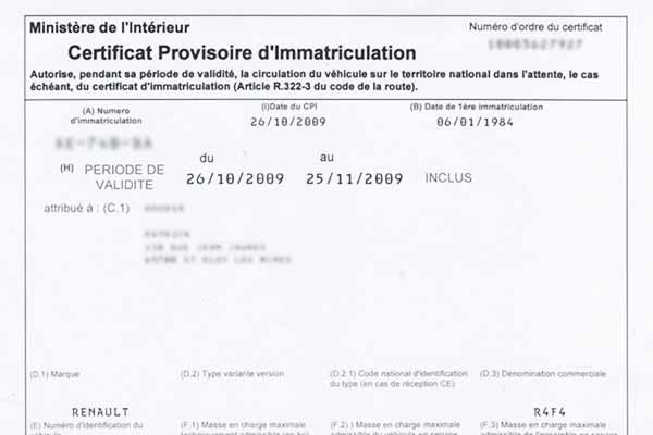 Certificat provisoire d’immatriculation CPI après une démarche de carte grise